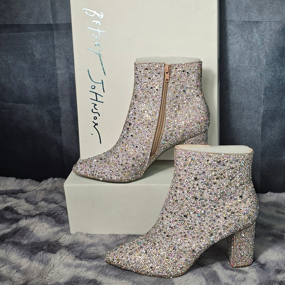 NWB Betsey Johnson SB-Cady Rhinestone Ankle Boots Silver Sparkle Women Size 8